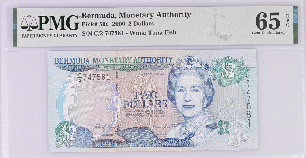 Bermuda 2 Dollars 2000 P 50 a Gem UNC PMG 65 EPQ