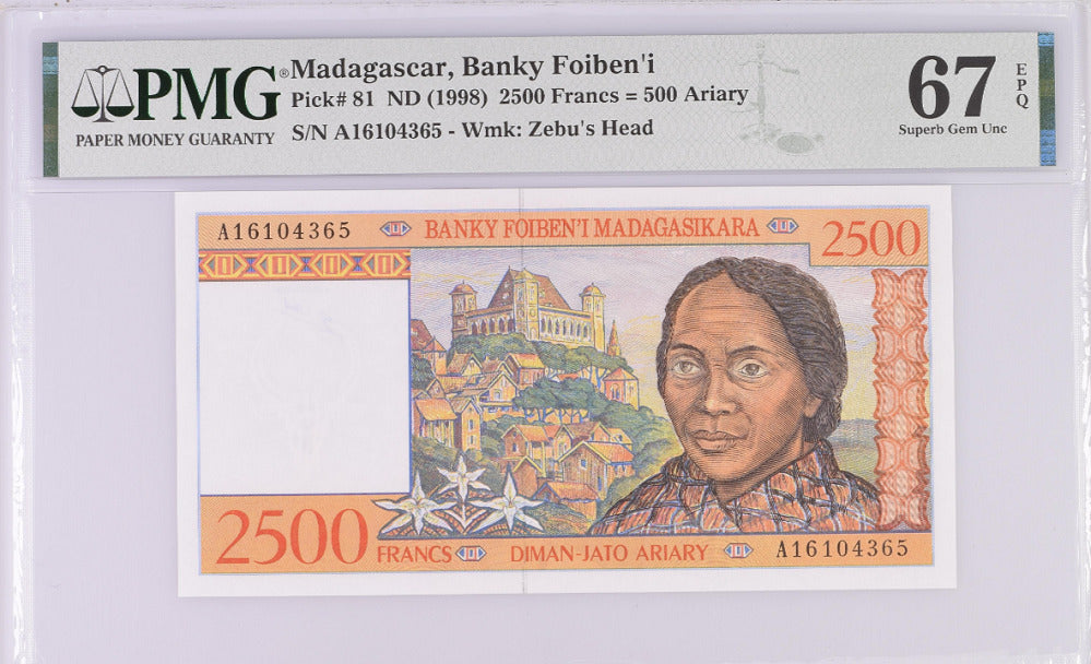 Madagascar 2500 Francs 500 Ariary ND 1998 P 81 Superb GEM UNC PMG 67 EPQ