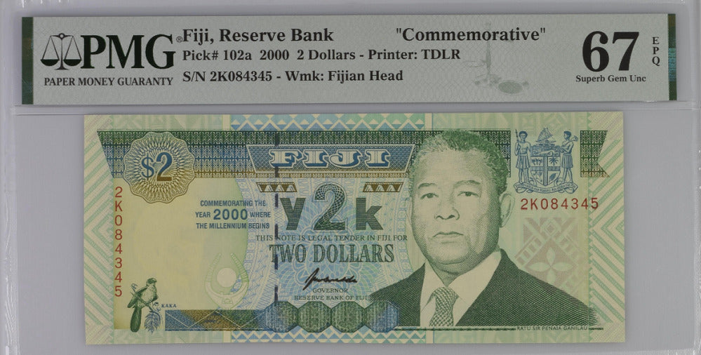 Fiji 2 Dollars 2000 P 102 a Superb Gem UNC PMG 67 EPQ