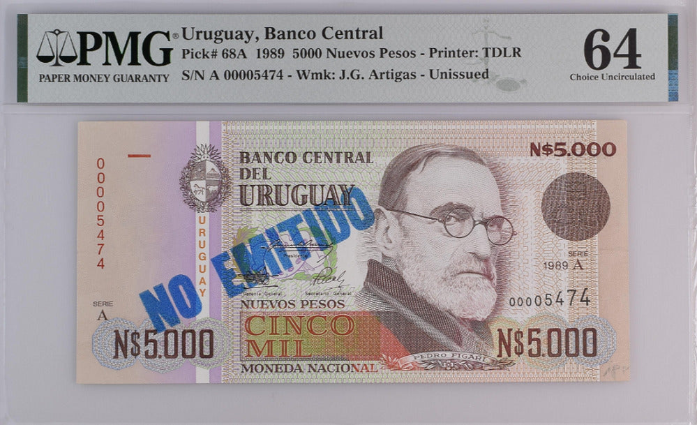 Uruguay 5000 Nuevos Pesos 1989 P 68A Choice UNC PMG 64