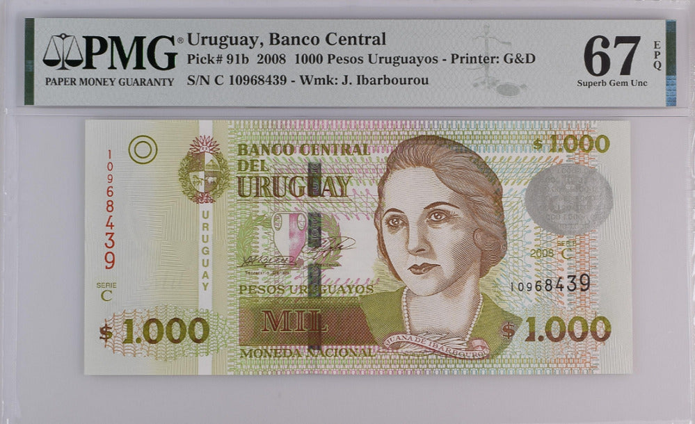 Uruguay 1000 Pesos 2008 P 91 b Superb Gem UNC PMG 67 EPQ Top Pop