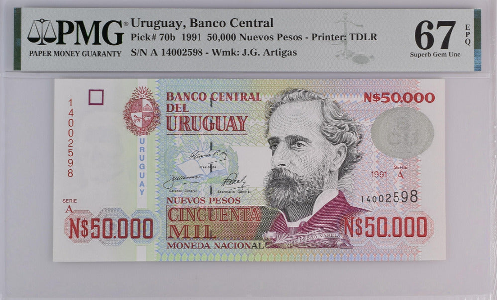 Uruguay 50000 Pesos 1991 P 70 b Superb Gem UNC PMG 67 EPQ Top Pop