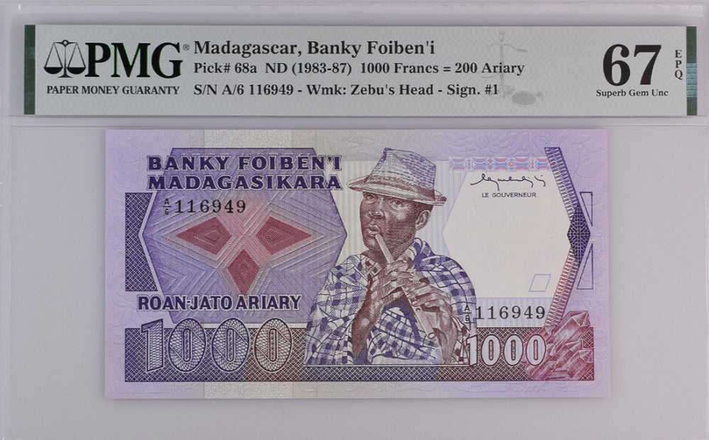 Madagascar 1000 Francs 200 Ariary 1983-87 P 68 a Superb GEM UNC PMG 67 EPQ Top
