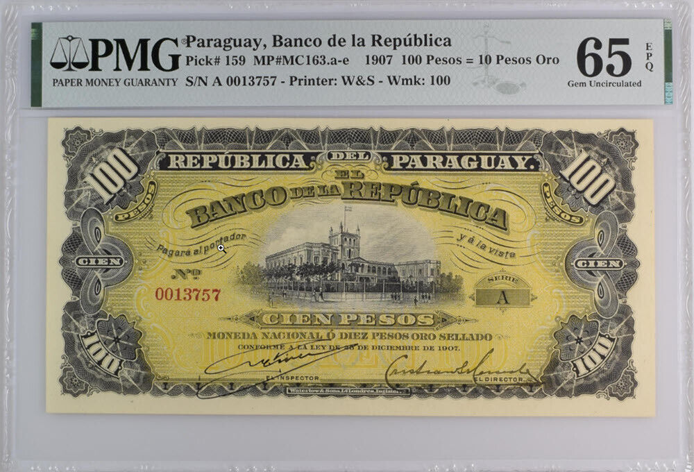 Paraguay 100 Pesos = 10 Pesos Oro 1907 P 159 Gem UNC PMG 65 EPQ