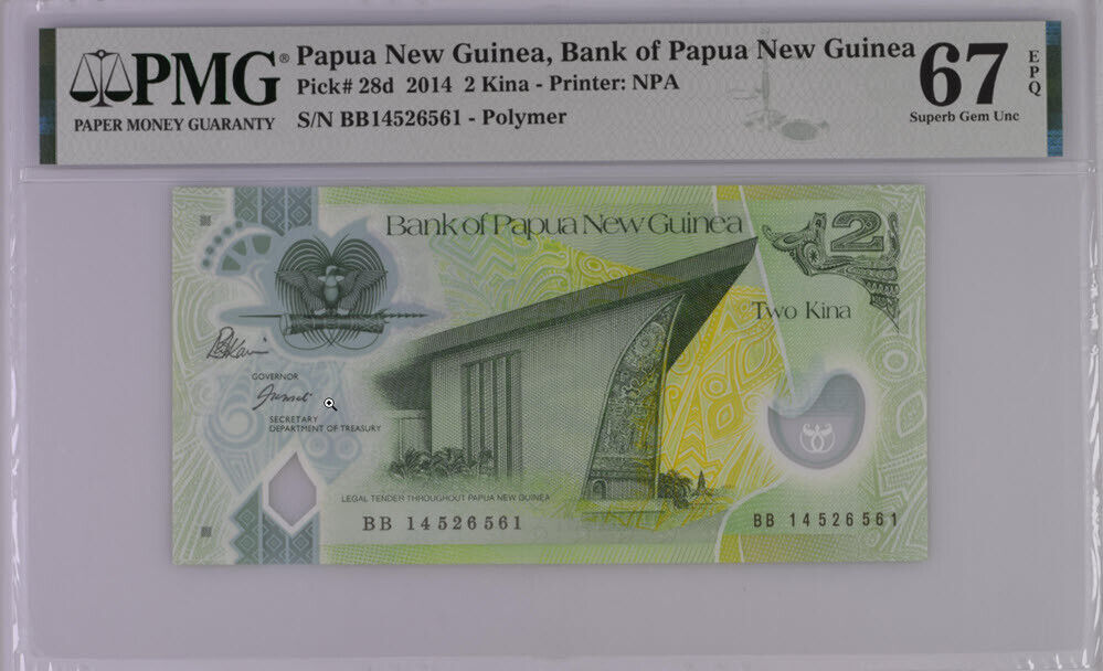Papua New Guinea 2 Kina 2014 P 28 d Superb Gem UNC PMG 67 EPQ
