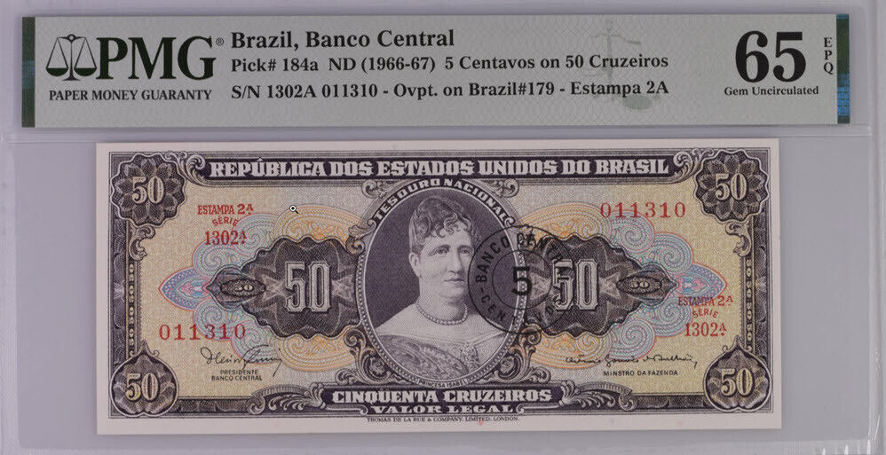 Brazil 5 Centavos ON 50 CRUZ ND 1966-67 P 184 GEM UNC PMG 65 EPQ