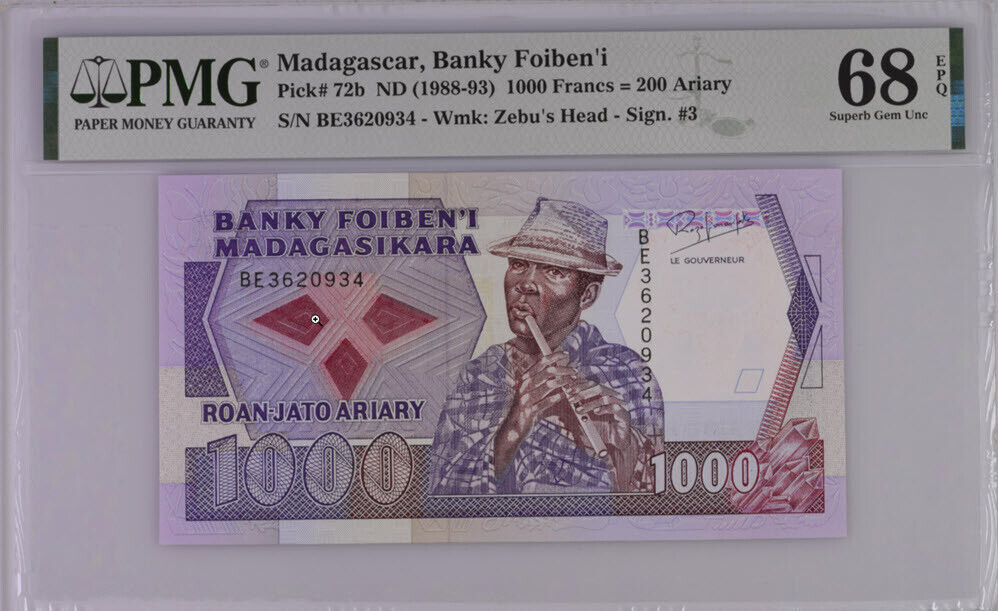 Madagascar 1000 Francs 200 Ariary 1988-93 P 72 b Superb Gem UNC PMG 68 EPQ Top