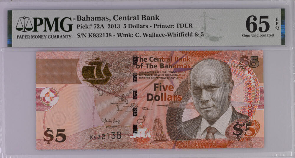 Bahamas 5 Dollars 2013 P 72A Gem UNC PMG 65 EPQ