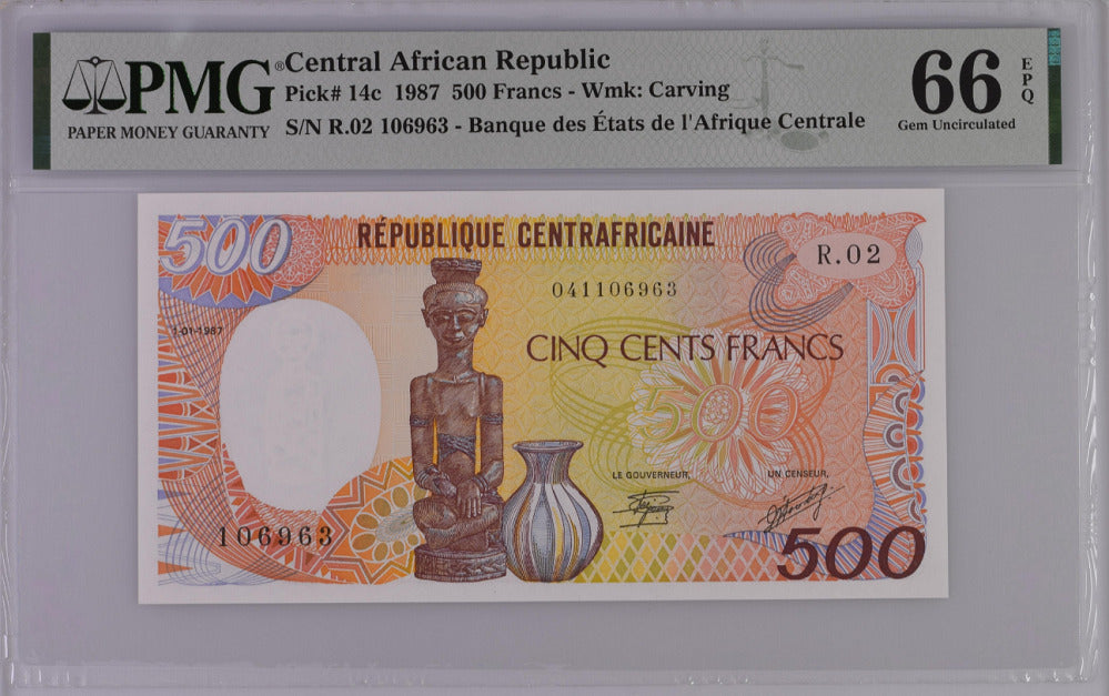 Central African Republic 500 Francs 1987 P 14 c Gem UNC PMG 66 EPQ