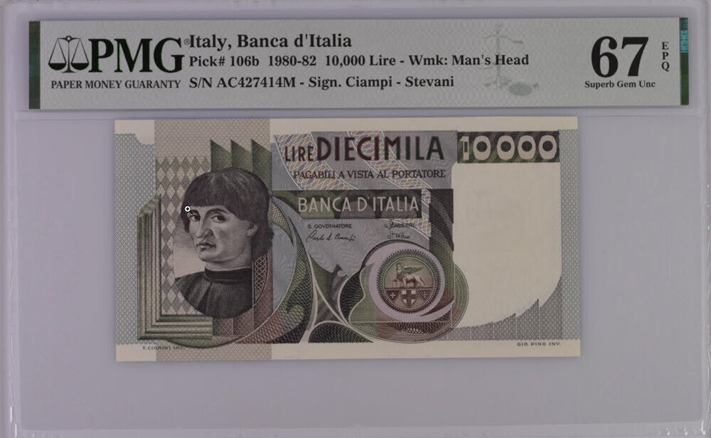 Italy 10000 Lire 1980-82 P 106 b Superb Gem UNC PMG 67 EPQ Top Pop