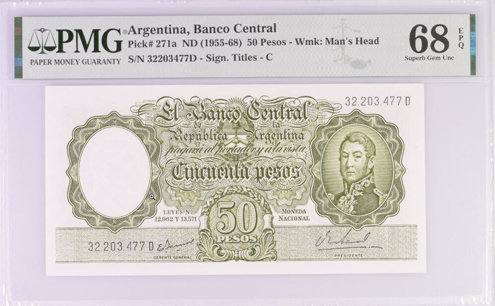 Argentina 50 Pesos ND 1955-1968 P 271 a Superb Gem UNC PMG 68 EPQ Top Pop