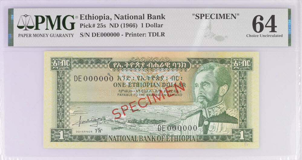 Ethiopia 1 Dollar ND 1966 P 25 s Specimen Choice UNC PMG 64