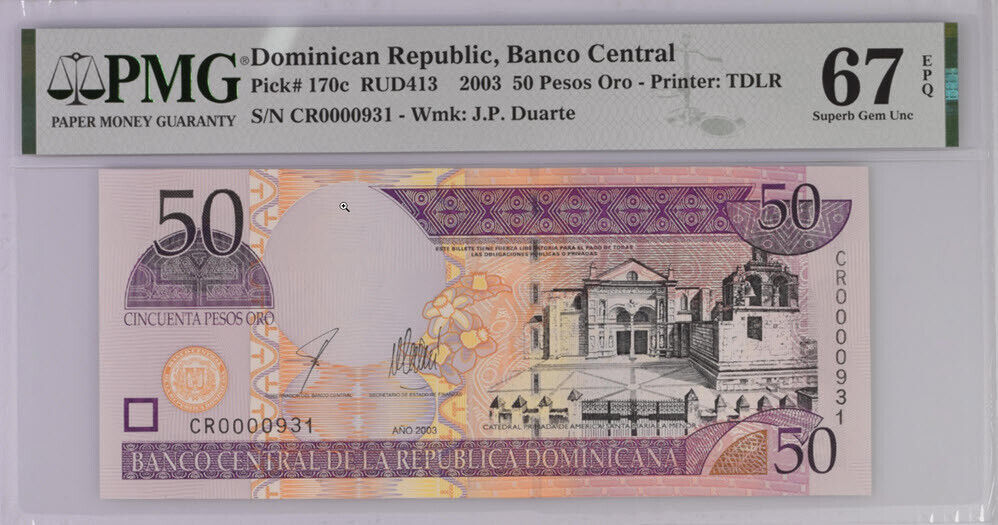 Dominican Republic 50 Pesos 2002 P 170 c Low 931 Superb Gem UNC PMG 67 EPQ Top