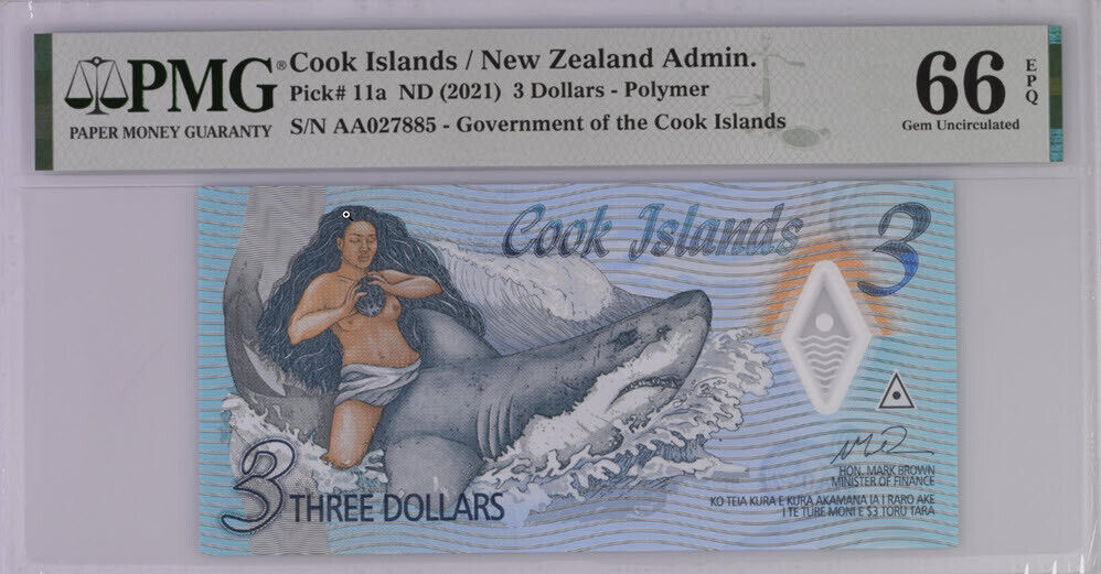 Cook Islands 3 Dollars ND 2021 P 11 a AA Polymer Gem UNC PMG 66 EPQ