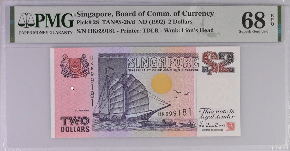 Singapore 2 Dollars ND 1992 P 28 Superb Gem UNC PMG 68 EPQ Top Pop