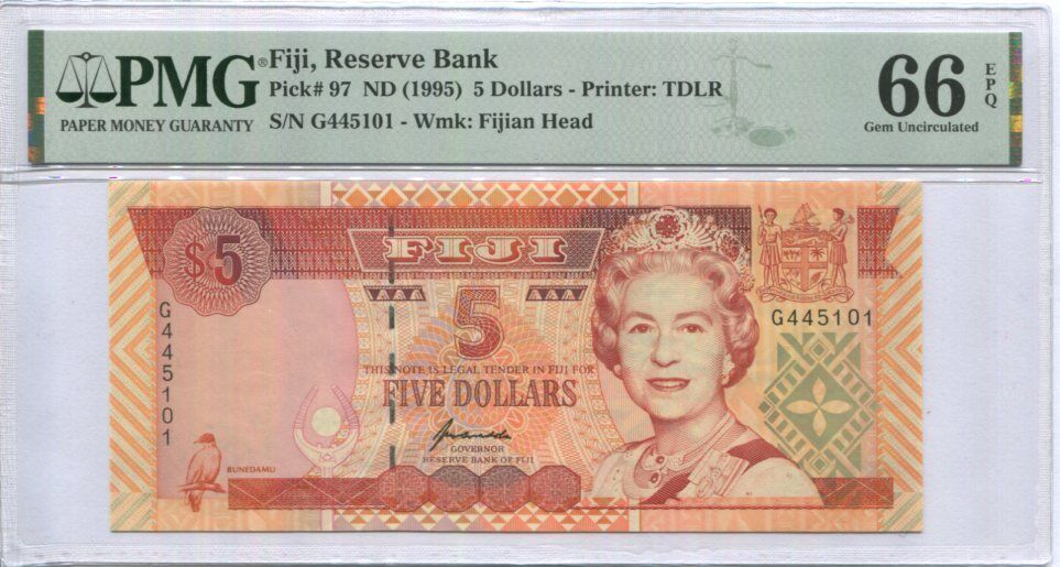 Fiji 5 Dollars ND 1995 P 97 GEM UNC PMG 66 EPQ