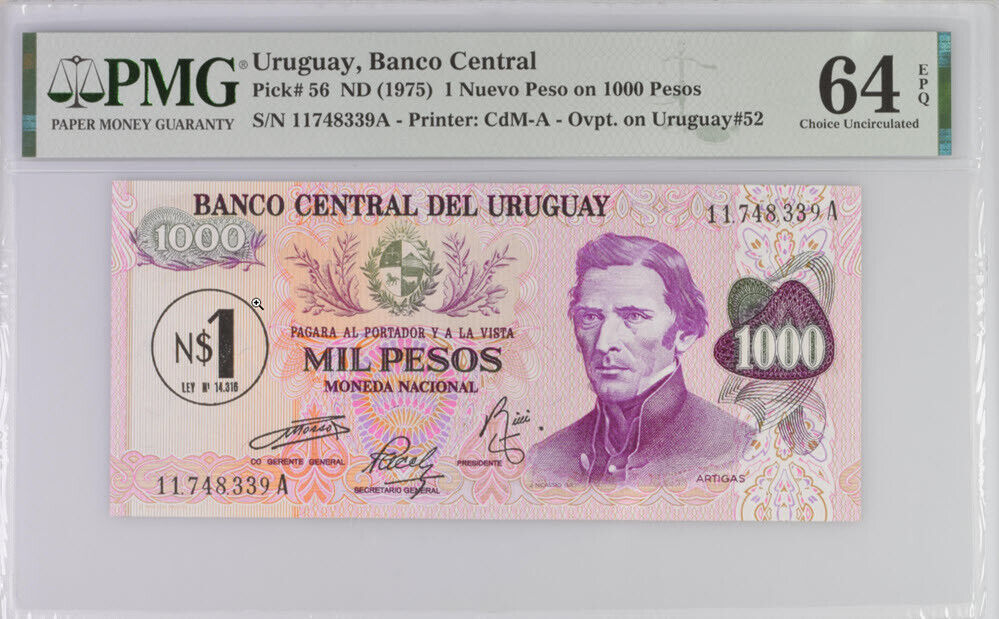 Uruguay 1 Nuevo Peso on 1000 Pesos ND 1975 P 56 Choice UNC PMG 64