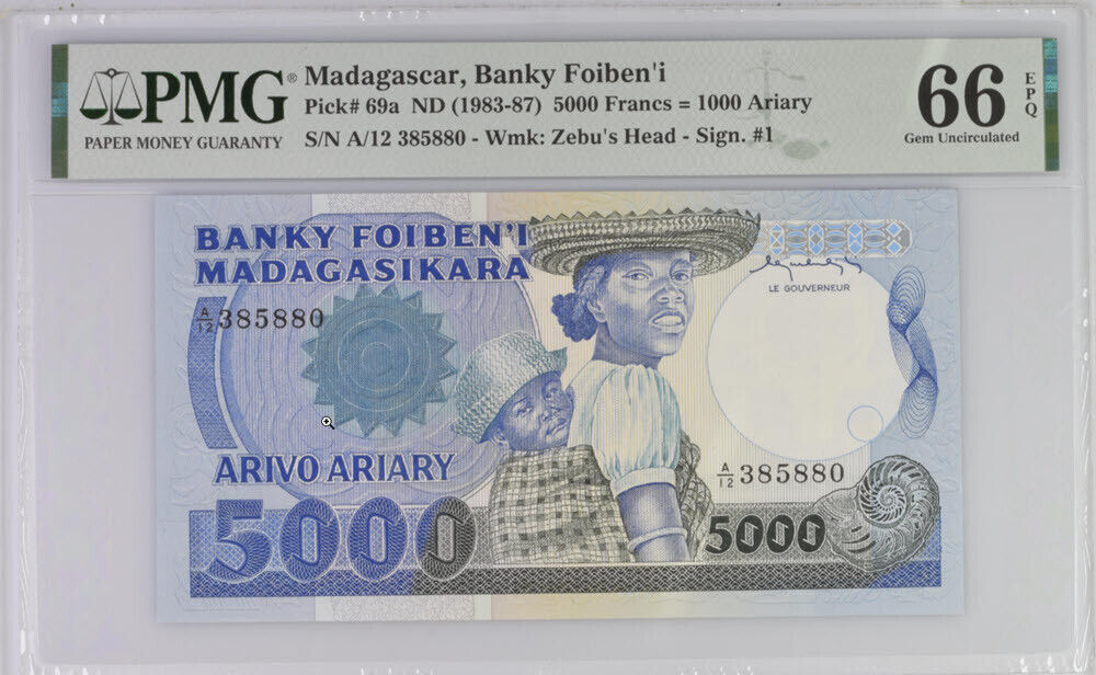 Madagascar 5000 Francs 1000 Ariary ND 1983-87 P 69 a GEM UNC PMG 66 EPQ