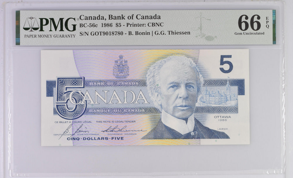 Canada 5 Dollars 1986 P 95 c Bonin Thiessen GEM UNC PMG 66 EPQ