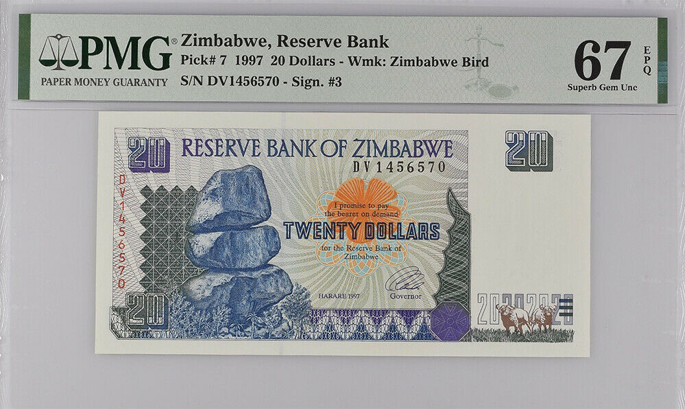 Zimbabwe 20 Dollars 1997 P 7 Superb Gem PMG 67 EPQ High