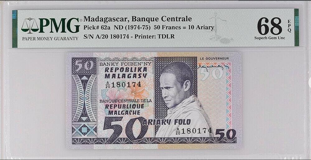 Madagascar 50 Francs = 10 Ariary ND 1974-75 P 62 Superb GEM UNC PMG 68 EPQ TOP