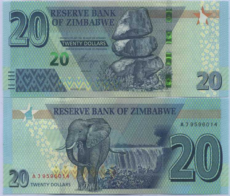 Zimbabwe 20 Dollars 2020 P 104 AUnc