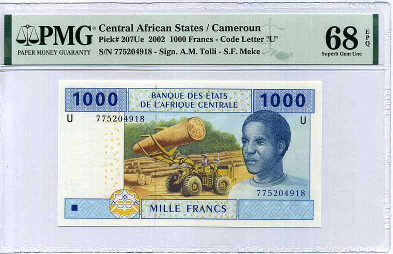 CENTRAL AFRICAN STATES 1000 FRANCS CAMEROUN P 207 Ue SUPERB GEM UNC PMG 68 EPQ