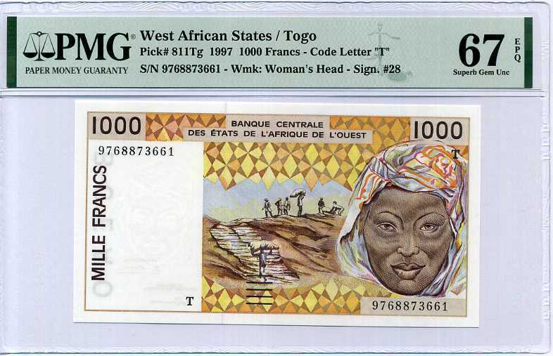 WEST AFRICAN STATES TOGO 1000 FRA 1997 P 811Tg SUPERB GEM UNC PMG 67 EPQ