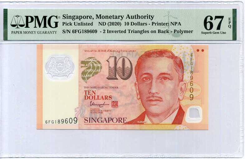 SINGAPORE 10 DOLLARS 2020 P 48 POLYMER 2 INVERT TRI SUPERB GEM UNC PMG 67 EPQ