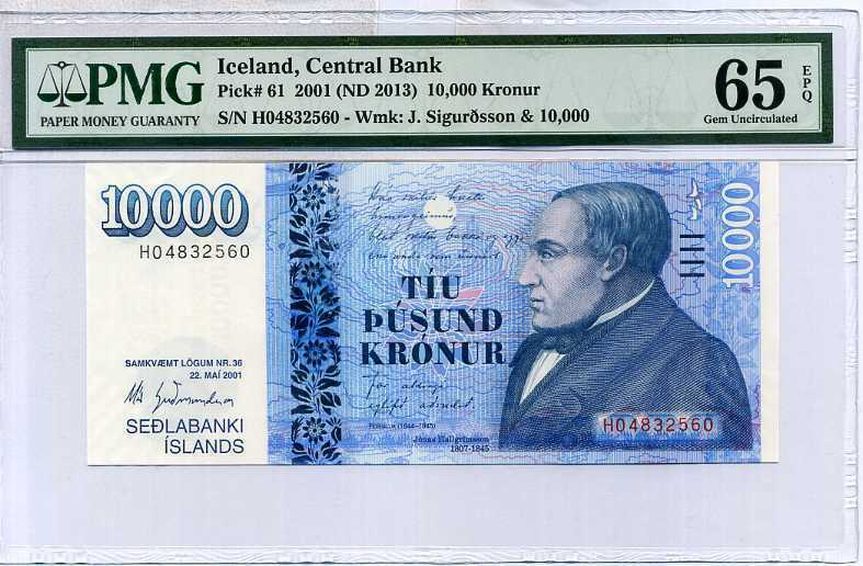 Iceland 10000 Kronur 2001/2013 P 61 Gem UNC PMG 65 EPQ