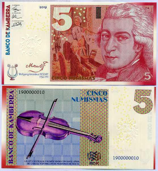 KAMBERRA 5 NUMISMAS 2019 PRIVATED ISSUED MOZART P NEW SECURITY FEATURES