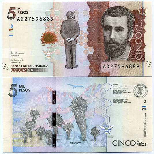 COLOMBIA 5000 PESOS 2017 / 2018 P 459 NEW SIGN UNC