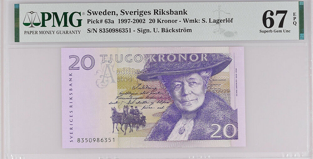 Sweden 20 Kroner ND 1997-2002 P 63 a SUPERB GEM UNC PMG 67 EPQ HIGH