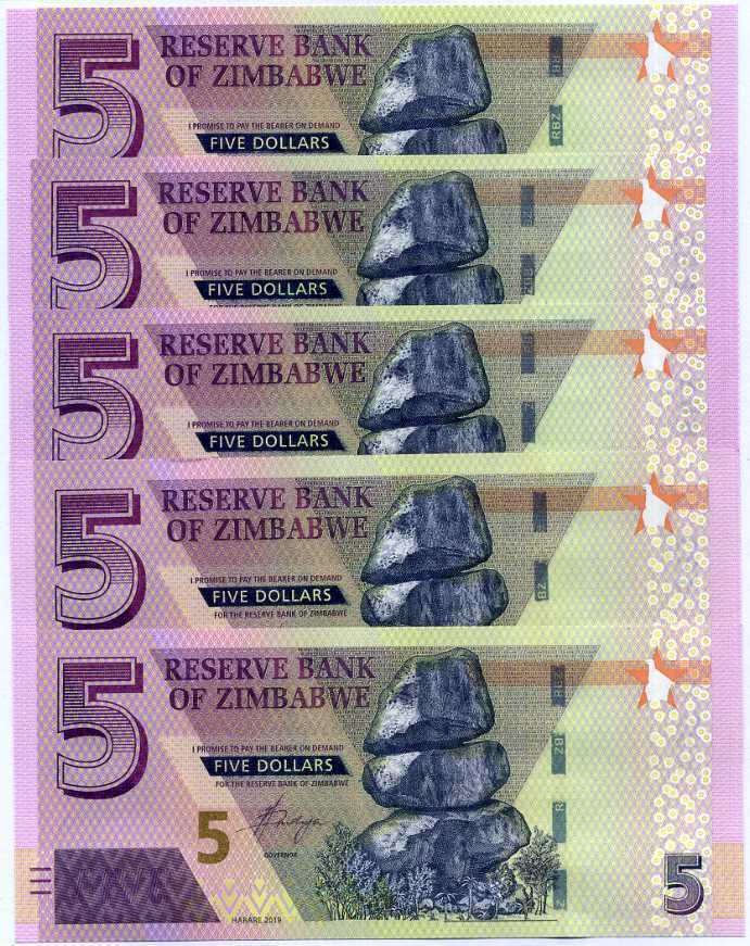 Zimbabwe 5 Dollars 2019 P 102 UNC LOT 5 PCS