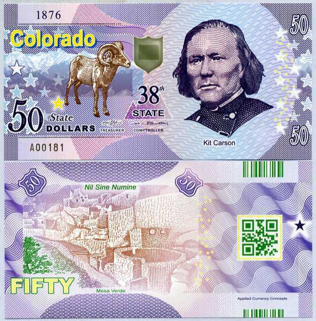 UNITED STATE USA. 50 DOLLARS 2019 POLYMER 38TH STATE COLORADO KIT CARSON