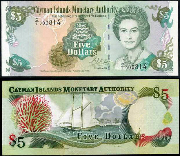 CAYMAN ISLANDS 5 DOLLARS 1998 P 22 UNC