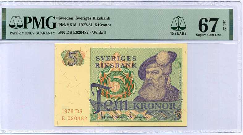 SWEDEN 5 KRONOR 1978 P 51 D 15TH SUPERB GEM UNC PMG 67 EPQ