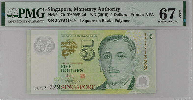 SINGAPORE 5 DOLLARS ND 2010 P 47 b POLYMER SUPERB GEM UNC PMG 67 EPQ NEW LABEL