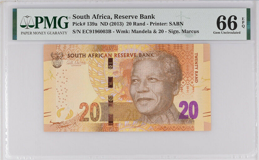 SOUTH AFRICA 20 RANDS ND 2013 P 139 a GEM UNC PMG 66 EPQ NEW LABEL