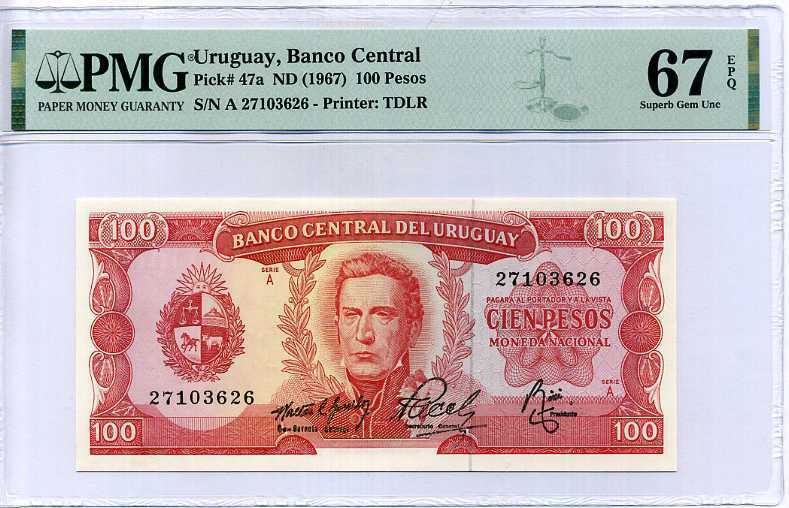 URUGUAY 100 NUEVOS PESOS ND 1967 P 47 SUPERB GEM UNC PMG 67 EPQ HIGH