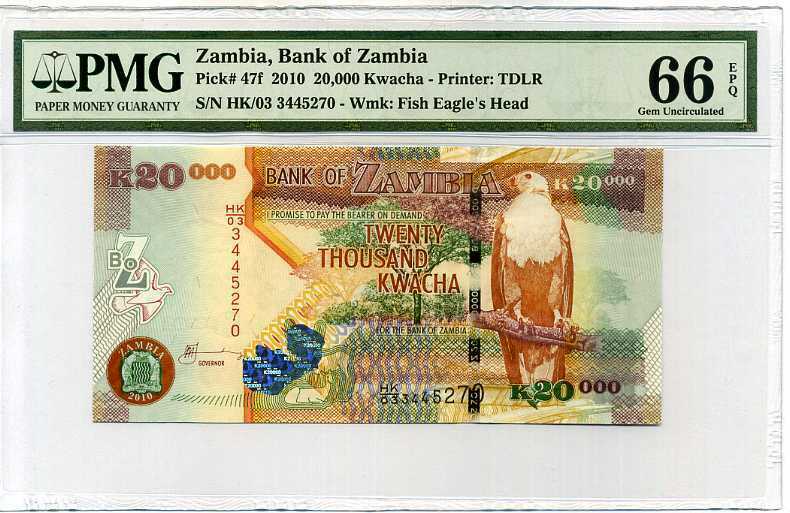 ZAMBIA 20000 20,000 KWACHA 2010 P 47 GEM UNC PMG 66 EPQ