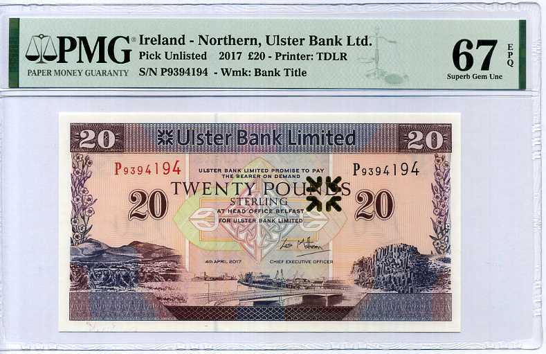 NORTHERN IRELAND 20 POUNDS 2017 ULSTER P 342 NEW SUPERB GEM UNC PMG 67 EPQ