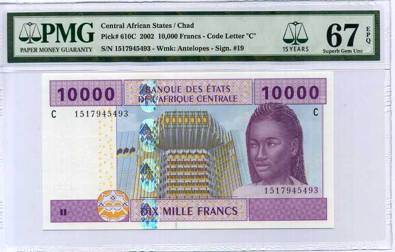 Central African CAS Chad 10000 Fra 2002 P 610C 15th Superb Gem UNC PMG 67 EPQ