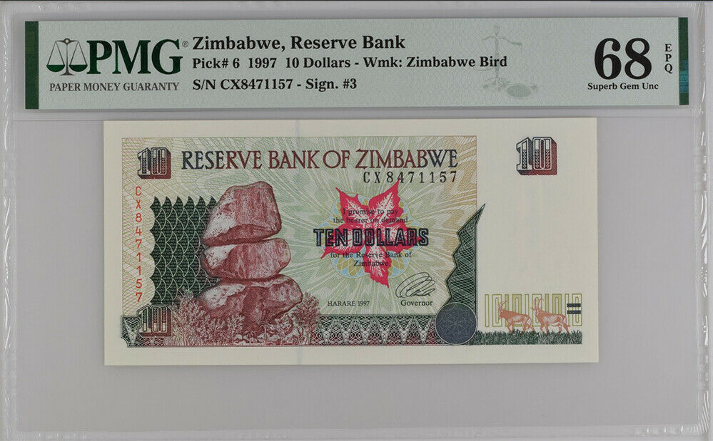 Zimbabwe 10 Dollars 1997 P 6 Superb GEM PMG 68 EPQ TOP POP