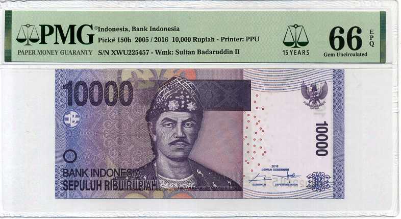 INDONESIA 10000 RUPIAH 2005/16 P 150 h* REPLACEMENT XWU 15TH GEM UNC PMG 66 EPQ