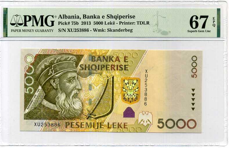 ALBANIA 5000 LEKE 2013 P 75 SUPERB GEM UNC PMG 67 EPQ HIGH NEW LABEL