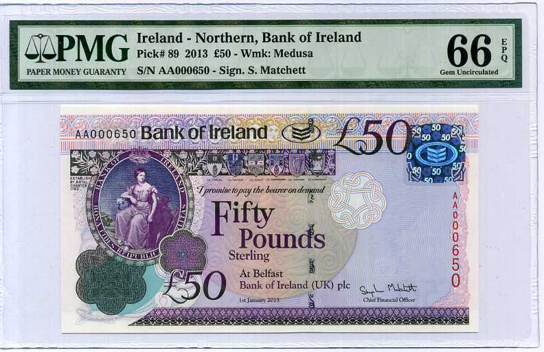 Northern Ireland 50 Pounds 2013 P 89 Gem UNC PMG 66 EPQ Highest