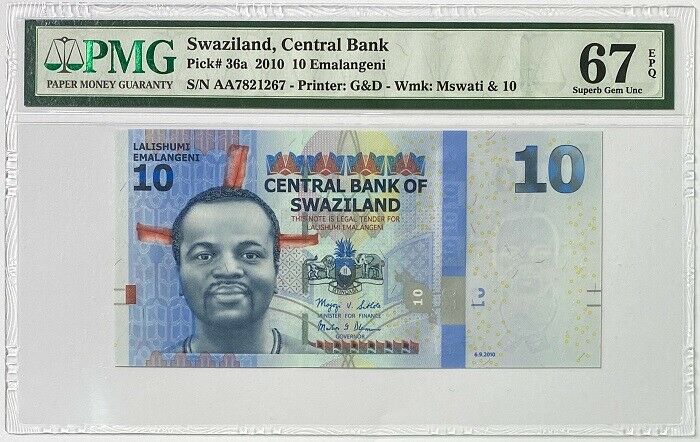 Swaziland 10 Emalangeni 2010 P 36 a Superb Gem UNC PMG 67 EPQ