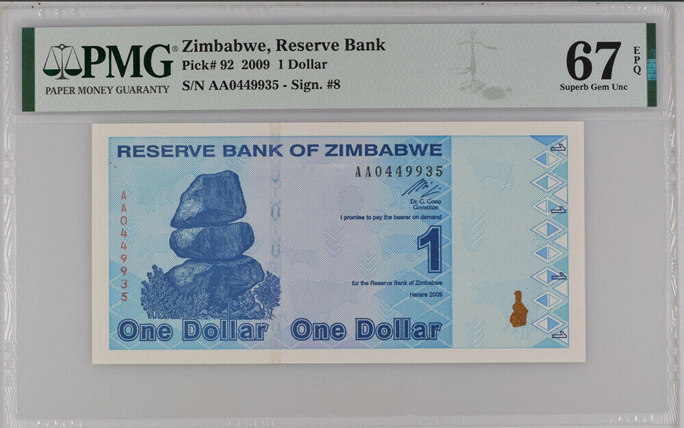 Zimbabwe 1 Dollar 2009 P 92 Superb GEM UNC PMG 67 EPQ