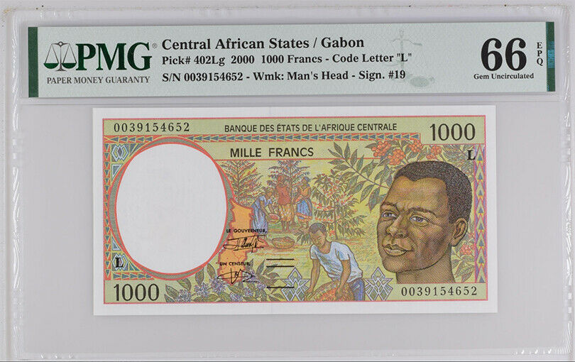 CENTRAL AFRICAN STATES (CAS) GABON 1000 FRANCS 2000 P 402 L GEM UNC PMG 66 EPQ